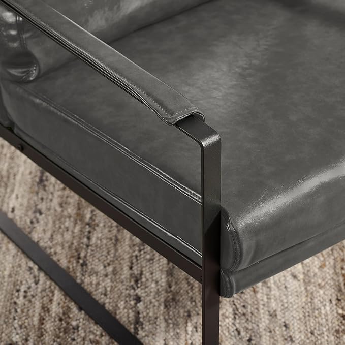 Volans Mid Century Modern Accent Chair with Arms for Living Room Faux Leather Accent Chairs for Lounge Metal Frame Armchair Reading Chair Single Sofa for Bedroom Office Gray