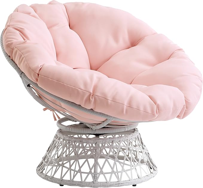 OSP Home Furnishings Wicker Papasan Chair with 360-Degree Swivel Cream Frame with Pink Cushion