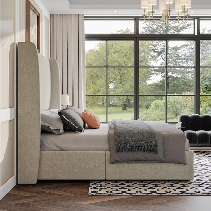 AMERLIFE Lift Up Storage Bed King Size Linen Upholstered Platform Bed Frame Hydraulic StorageModern Wingback Headboard No Box Spring Needed Khaki
