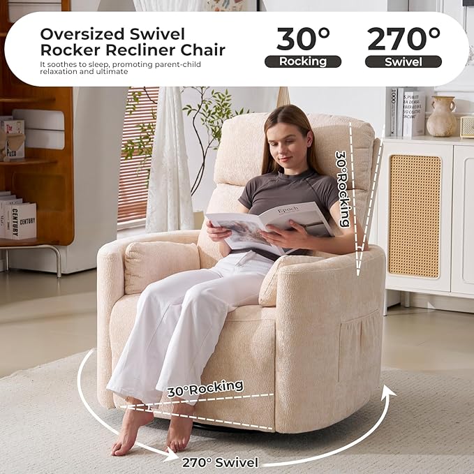 Oversized Swivel Rocker Recliner Chair with Massage and Heat Manual Swivel Glider Rocker Recliner with 2 Bolster Pillows Rocking Nursery Chair with Storage Ottoman  Adjustable Headrest Beige