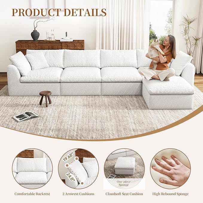 108 Modular Sectional Sofa with Movable Ottoman No Assembly Required Boneless Cloud Couch Deep Seat L Shaped Sectional Couches for Living Room Bedroom and Apartment White