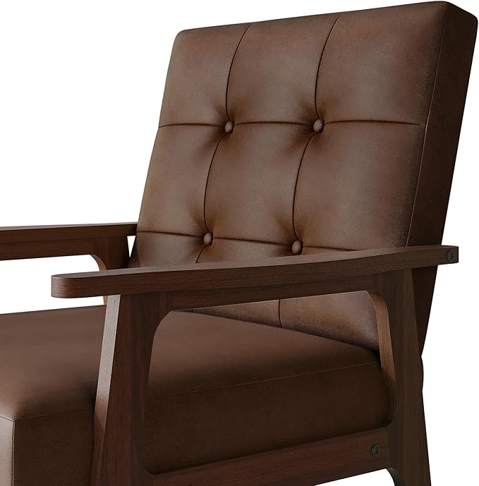 Accent Chair with Button-Tufted Polyurethane Upholstery Wooden Armrests Cushioned Seat Easy Assembly Brown