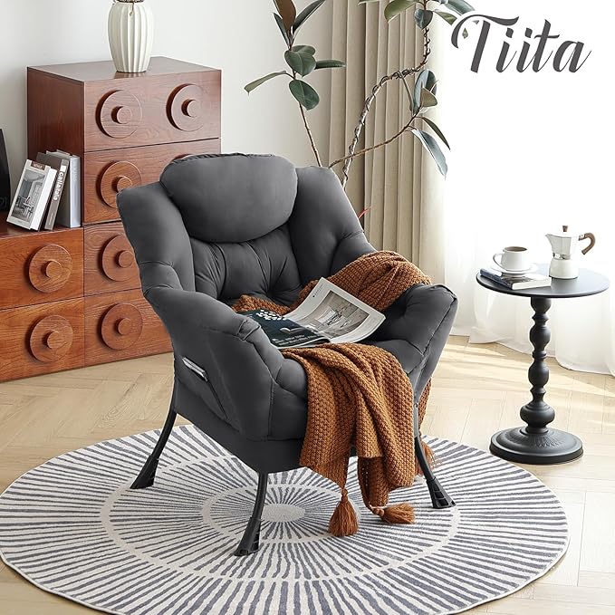Tiita Lazy Chair Gray Modern Large Accent Armchair Comfy Leisure Sofa Reading Chair for Bedroom Living Room Dorm Rooms Garden and Courtyard Dark Grey