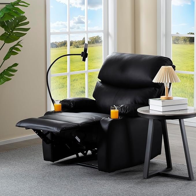 Recliner Chair Oversized Reclining Chair with Phone Holder &amp 2 Cup Holders Leather Wide Rocker Chair for Adults Single Reclining Sofa Recliner for Living Room Office Theater Seating