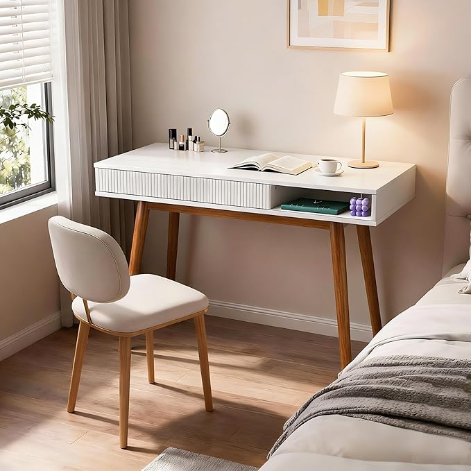 Artswish White Writing Desk with Drawers Mid Century Modern Desk Wood Office Computer Desks for Small Space White Desks with Walnut Legs