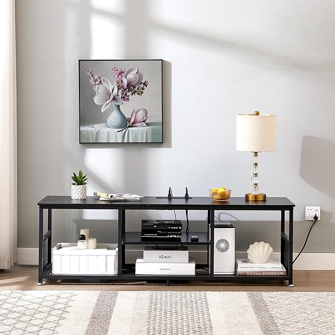 VECELO TV Stand with Power Outlets for Televisions up to 65Inch 55 Media Entertainment Center with Charging Station 3-Tier Open Storage Shelves with Metal Frame for Living Room/BedroomBlack