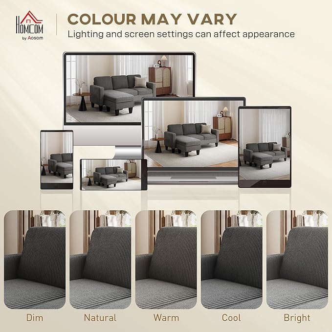HOMCOM 73 Sectional Sofa L Shaped Couch with Reversible Chaise or Ottoman Corduroy 3 Seat Sectional Couch for Living Room Bedroom Apartment 2200lb Capacity Dark Gray