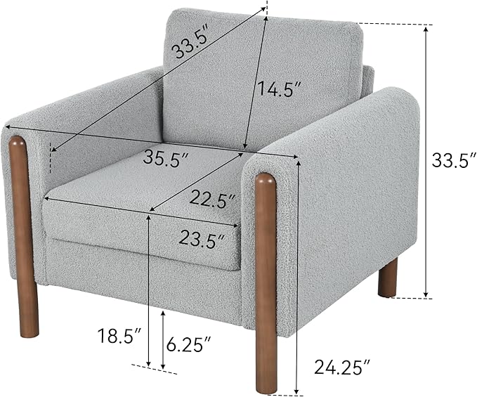 Oversized Accent Chair Upholstered Living Room Chairs Single Sofa Chair with Walnut Legs Curved handrail Grey