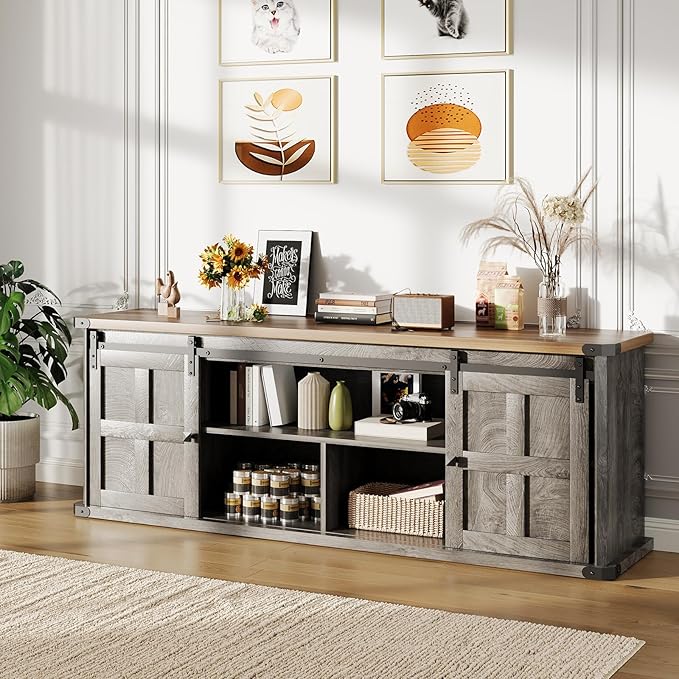 GAOMON 70 Farmhouse TV Stand for 80/75/70 Inch TVsEntertainment Center Storage Cabinets w/Power Outlets and Sliding Barn DoorRustic TV Stands for Living RoomMedia Console Cabinet (Black+Gray)