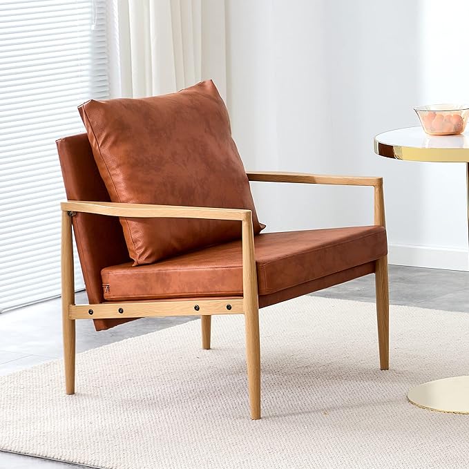 PU Leather Accent Arm Chair Mid Century Modern Upholstered Armchair with Imitation Solid Wood Color Metal Frame Extra-Thick Padded Backrest and Seat Cushion Sofa Chairs for Living Room