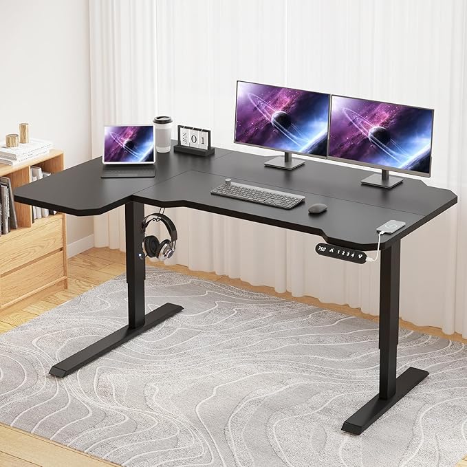 Electric Height Adjustable Standing Desk 59 L-Shaped Sit - Stand Desk for Work or Home Office Push Button Memory Settings Black Splice Board/Black Frame