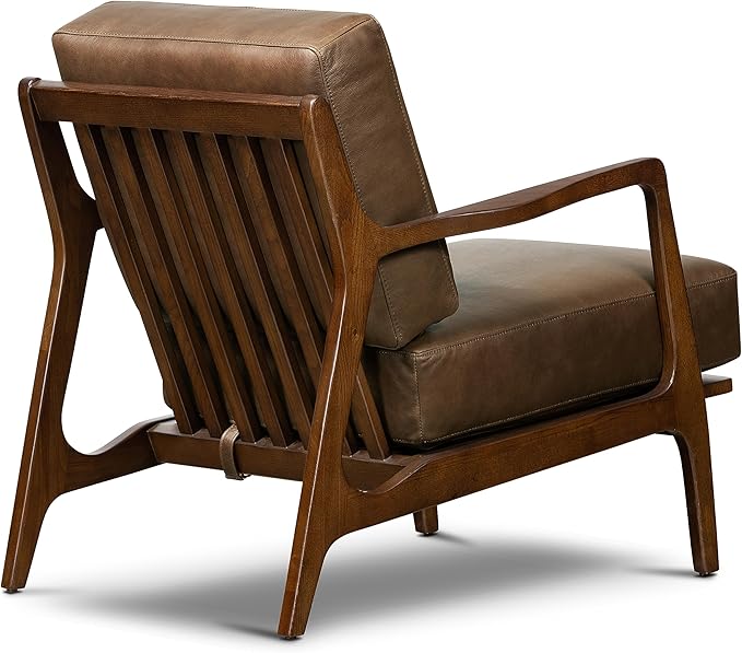 Poly &amp BARK Verity Leather Accent Chair – Armchair with Walnut Wood Frame – Fashion-Forward Lounge Seating for Living Room – Upholstered in Cocoa Brown Leather for Modern Style