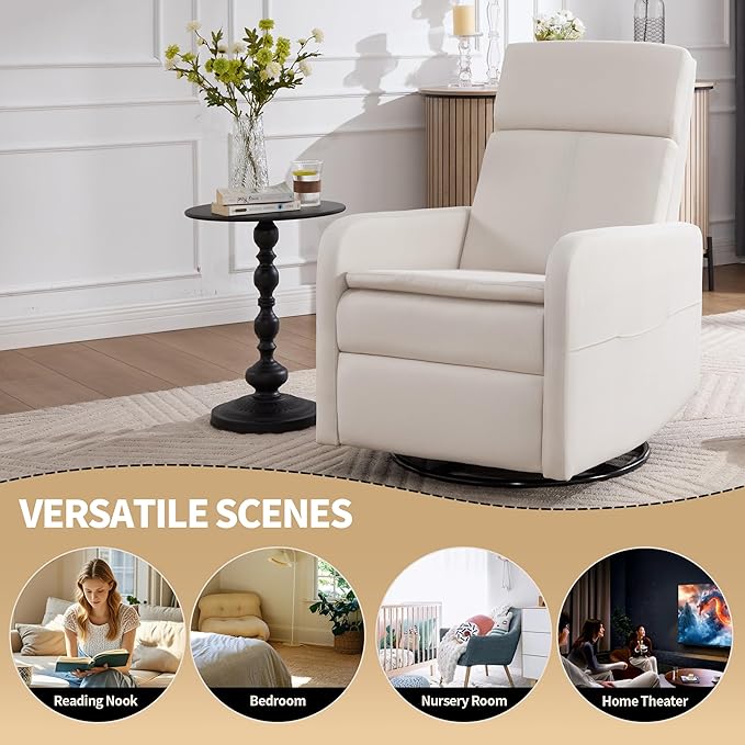 Swivel Rocking Recliner Chair for Adults Upholstered Fabric Glider Recliner Reclining Chair with Side Pockets and Double-Thick Cushion for Living Room Bedroom Nursery (Beige)