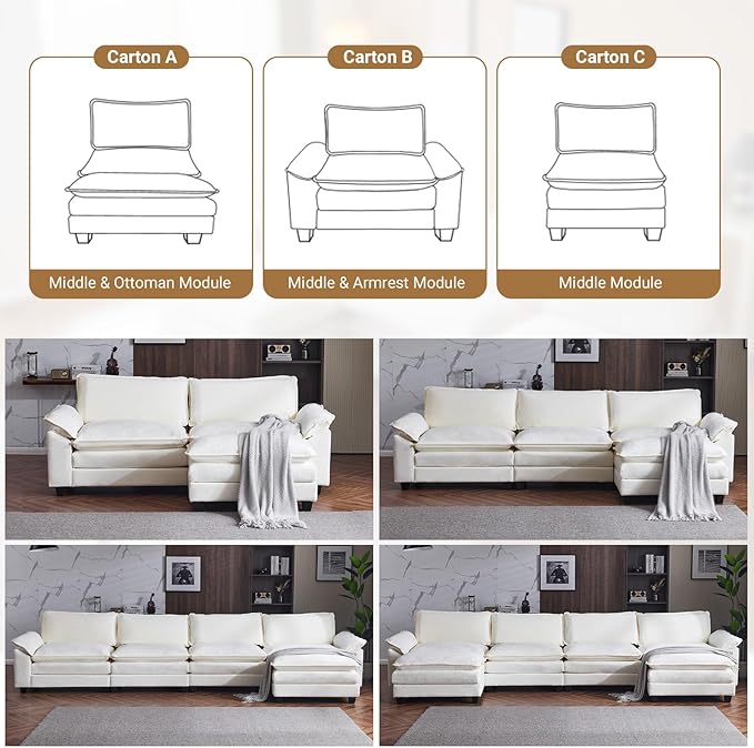 VINGLI Convertible Modular Sectional Sofa for Living Room with Deep Seat &amp Movable 2-Layer Ottoman L-Shape Cloud Sofa Bed with Chaise &amp Armrests Oversized 3-Seater Sleeper Couch Chenille C
