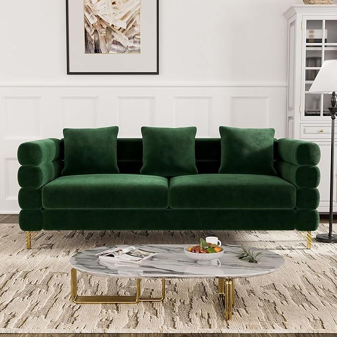 OUYESSIR Cloud Sofa Couch for Living Room 79 Comfy Deep Seat Velvet Sofa with 3 Pillows and Gold Legs Modern Upholstered 3 Seater Large Loveseat for Bedroom Office Emerald Green Velvet