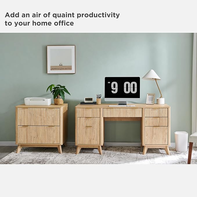T4TREAM 60'' Fluted Executive Desk with Drawers Modern Home Office Computer Desk with Charging Station Keyboard Tray File Drawer and Storage Cabinet for Study Living Room Bedroom Natural Oak