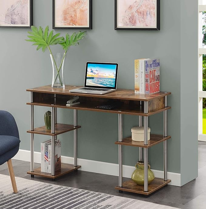 Convenience Concepts Designs2Go No Tools Desk Home Office Desk with Shelves Corner Shelf Vanity Desk Computer Desk Nail Table for Nail Tech - 47.25 L x 15.75 W x 30 H Barnwood