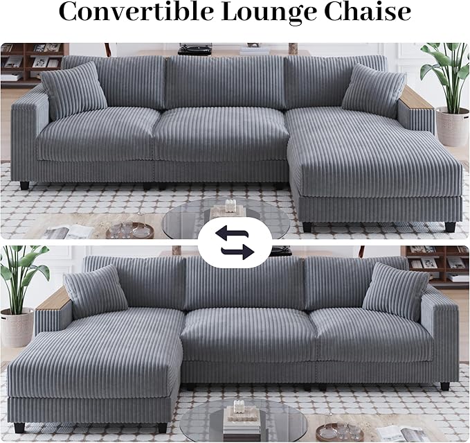 Modular Sectional Sofa 114.5 Convertible L Shaped Couch with Corduroy Fabric 3 Seater Corner Sleeper Sofa with Chaise Storage Armrests &amp 2 Pillows Modern Comfy Upholstered Couches for Living