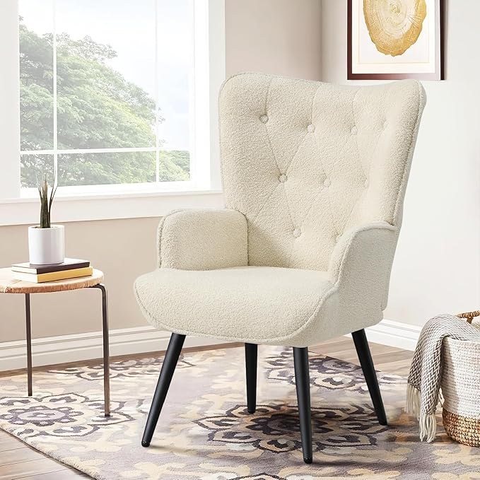 Furniliving Boucle Accent Chair for Living Room Upholstered Reading Chair with High Backrest Tufted-Button Wingback Armchair for Bedroom Dressing Room Home Office Ivory White