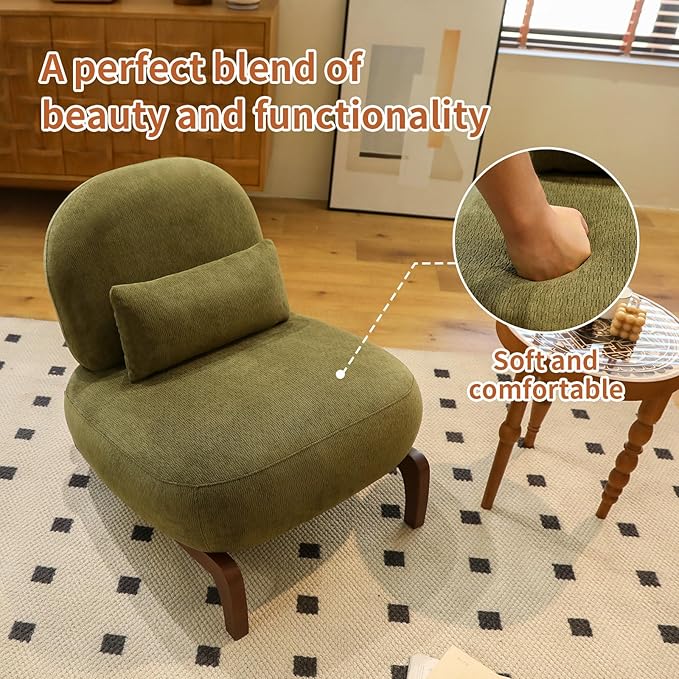 KEIKI Cute Comfy Accent Chair with Solid Wood Legs Velvet Upholstered Single Sofa Chair for Living Room Bedroom Balcony or Waiting Room Cozy Armless Cloud Chair Design Green