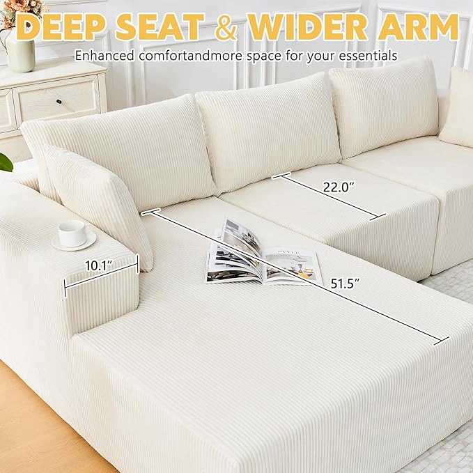 108” Boneless Couches for Living Room Cloud Modular Sectional Couch Modular Sectional Sofa with Deep Seat Modren Comfy Corduroy Fluffy Couch with L-Shaped Chaise No Assembly Required Light Beige