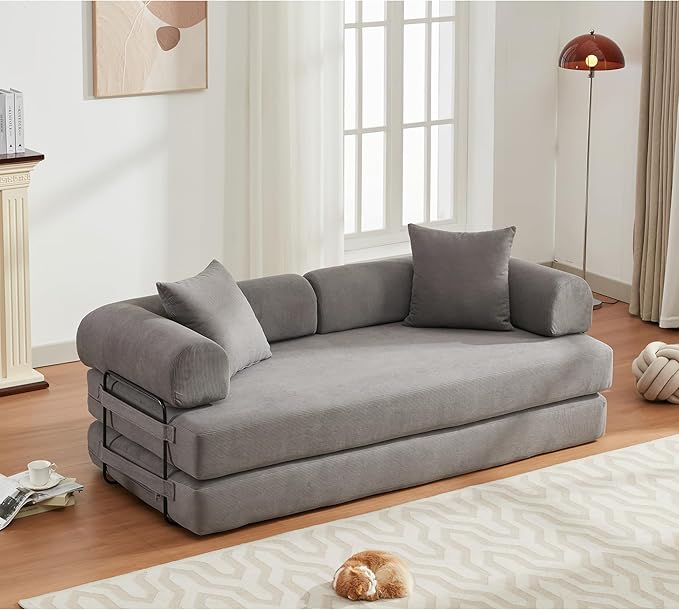 Convertible Sleeper Sofa Bed with Cylindrical Pillow Corduroy Folding Mattress Couch with Fixed-Shape Frame Floor Sofa Lounge Couch for Living Room Bedroom Lounge Studio-Grey