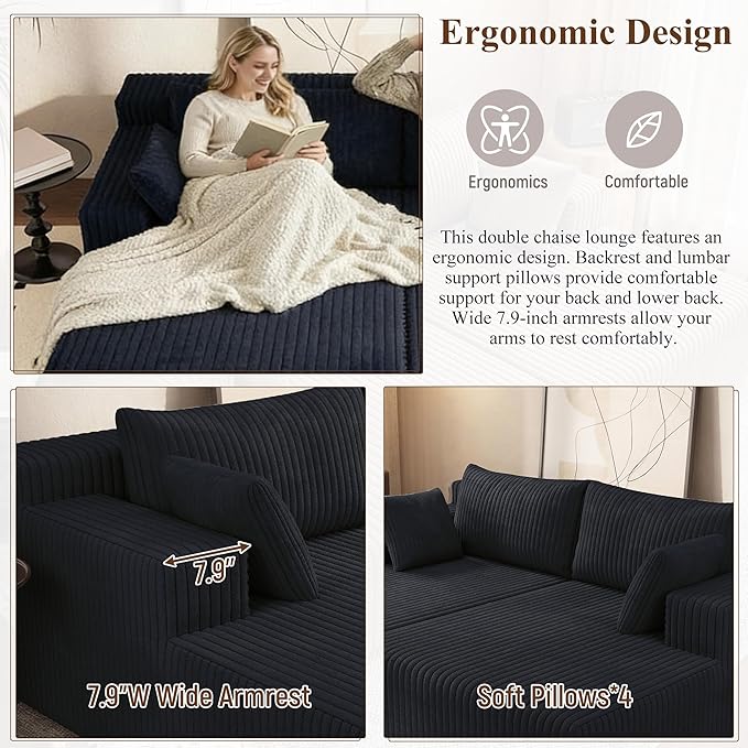 71'' Oversized Double Chaise Lounges Indoor Cloud Upholstered Boneless Couch Bed Deep Seat No Assembly Required Modern Corduroy Sleeper Loveseat Chair for Living Room Bedroom Reading (Black) | Bre