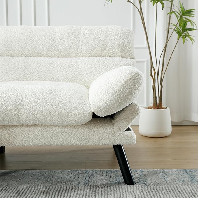 70Modern Teddy Convertible Folding Futon Couch Sofa Bed Adjustable Pillow Top Arm Memory Foam Couch Double Loveseat Sofa for Compact Living SpaceDormGame StudioApartmentBedroom (White Teddy)