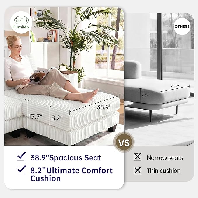 114 Cloud Sectional Couch with L-Shape Reversible Chaise Modern Corduroy L Shaped Couch with 2 Pillows &amp Storage Armrests 4 Seater Sectional Couches for Living Room Plush Corduroy White