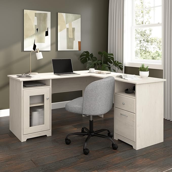 Bush Home Cabot 60W L Shaped Computer Desk with Storage in Linen White Oak 60-inch Corner Table with Drawers for Home Office Workspace