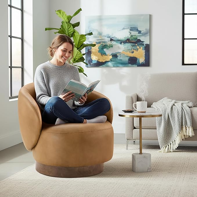 Swivel Accent Chair Modern Round Barrel Armchair with Upholstered Faux Leather for Living Room Bedroom Waitingroom1 BoxBrown