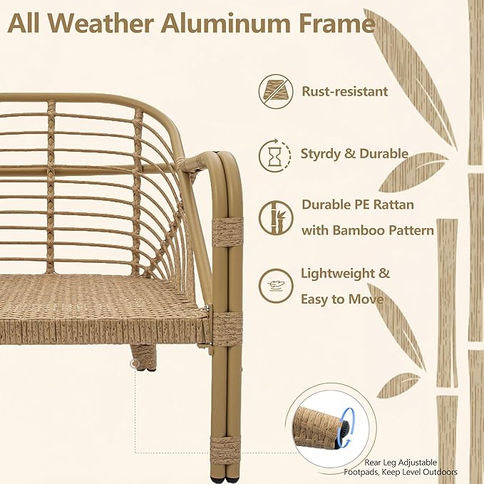 Living Room Chairs Aluminum Accent Chairs Set of 2 Comfortable Arm Chair with Glass Coffee Table Comfy Armchair for Bedroom Rattan Braid Armchairs Accent Chair for Indoor/Outdoor Green