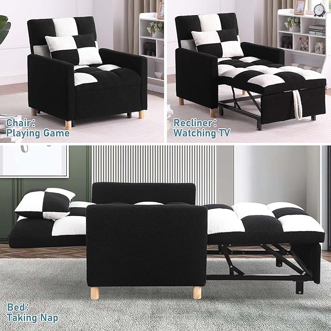 Convertible Sleeper Sofa Chair 3 in 1 Multi-Function Folding Ottoman Couch Sigle Pull-Out Bed with Adjustable Backrest and Pillow for Living Room Apartment Office Black&ampWhite