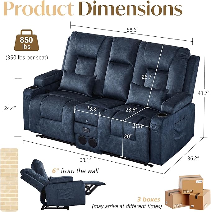 Houjud Manual Reclining Loveseat Sofa with Console Recliner Sofa RV Couch with Bluetooth Speakers USB Charging AC Outlets and Pillow for Home Theater Velvet Blue
