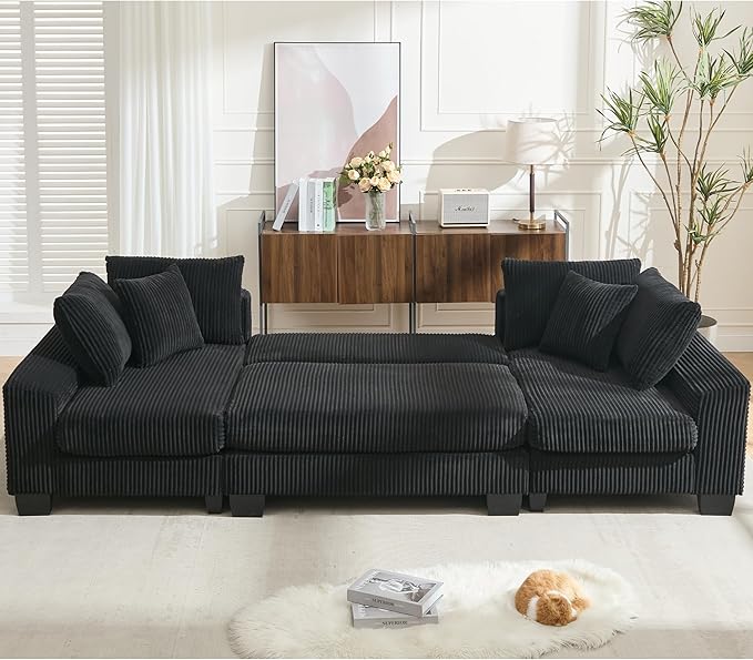 114 U-Shaped Sleeper Sofa with Pull Out Bed 3 in 1 Convertible Couch Bed Oversized Sectional Modular with Chaise Lounge Modern Comfy Plush Corduroy Black Couches for Living Room (Black)