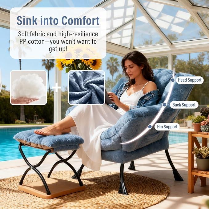 Lazy Chair with Ottoman Modern Accent Chair with Armrests and a Side Pocket Plush Light Blue Accent Chairs Reading Chairs Oversized Armchairs for Bedroom Study Living Room Courtyard