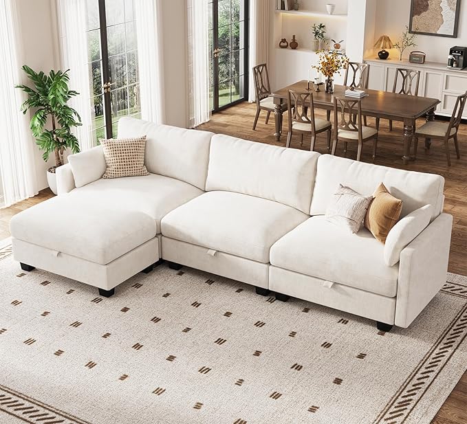 Modular Sectional U Shaped Sofa Couches for Living Room Cloud Couch with Storage Ottoman Comfy Chenille Sofa with Pillow Beige