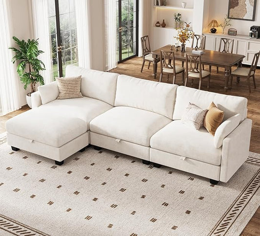 Modular Sectional U Shaped Sofa Couches for Living Room Cloud Couch with Storage Ottoman Comfy Chenille Sofa with Pillow Beige