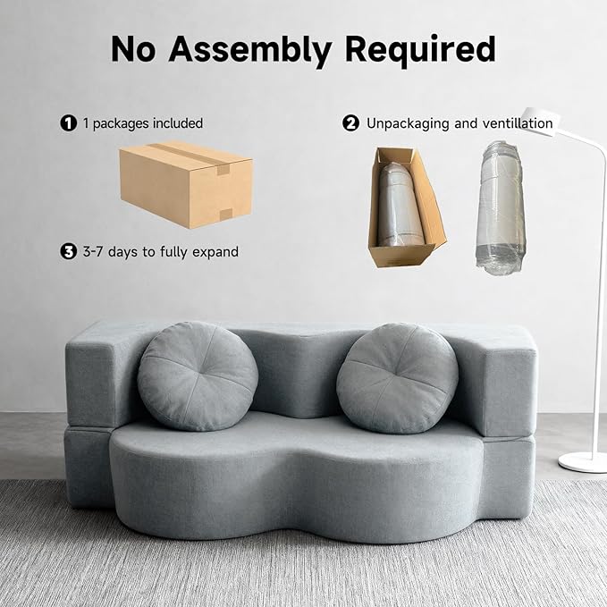 2-in-1 Convertible Folding Sofa Bed Sleeper Sofa with Pillow Teddy Fabric High-Density Foam Floor Mattress Sleeper for Living Room Guest Use Office Apartment No Assembly Required (Grey)