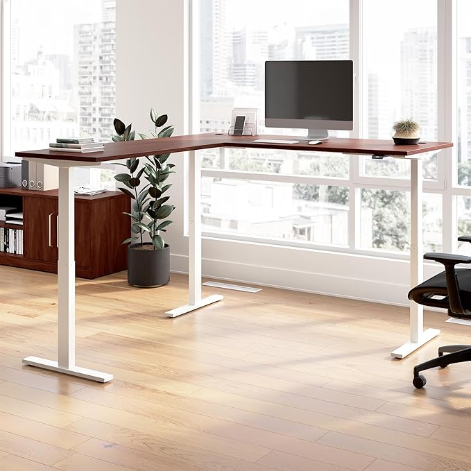 Bush Business Furniture 72-inch Height Adjustable L Shaped Standing Desk Electric Sit-Stand Corner Computer Table Ergonomic Office Move 60 Series Hansen Cherry with White Base