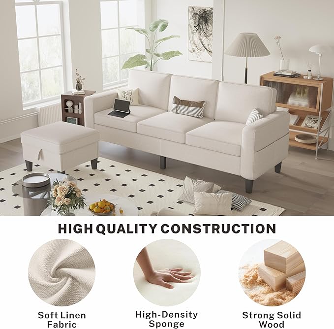 ZeeFu Sectional and Sofa Couches for Living Room - 78'' 3 Seater L-Shaped Modular Couch with Storage Ottoman - Modern Linen Fabric Upholstered Sofa Set for Small Space Apartment Office