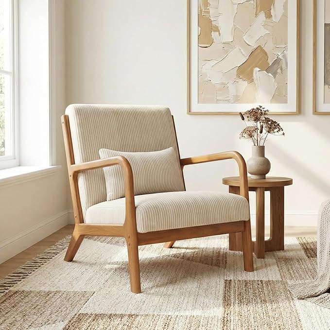 Giantex Modern Accent Chair Corduroy Upholstered Lounge Chair with Rubber Wood Armrests Lumbar Pillow Sponge Padded Seat Cushion Comfy Reading Chair for Living Room Bedroom (1Beige + Brown)
