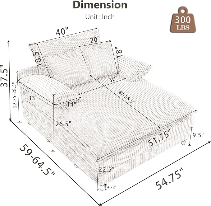 54.8 Oversized Chaise Lounge Chair Cozy Sleeper Sofabed Plush Corduroy Upholstered Cloud Lounge Sofa Daybed with Detachable Pillow Armrest and 4 Angles Adjustable Backrest
