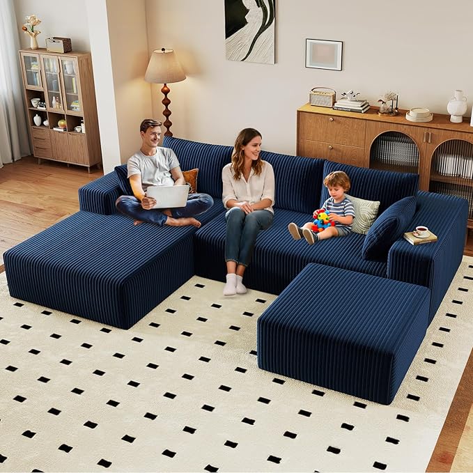 96 U-Shape Cloud Couch Modern Modular Sectional L-Shape Sofa with Ottoman Corduroy Upholstered Couches Deep Seat Sleeper Chaise Longue for Living Room No Assembly Required(Blue Left Facing)