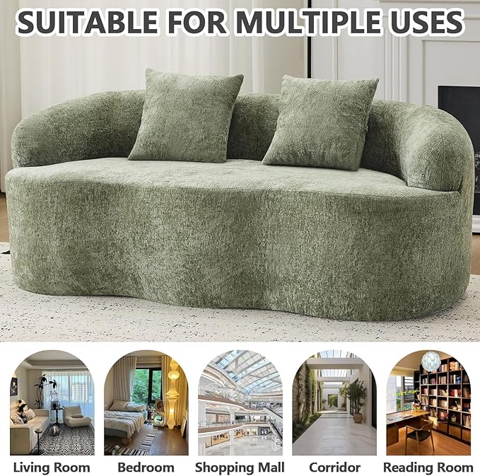 67 Curved Loveseat Sofa with 2 Pillows Boneless Curved Couch with Round Armrest Cloud Sofa for Living Room Bedroom Small Spaces Teddy Modern Compressed No Assembly (Antique Green)