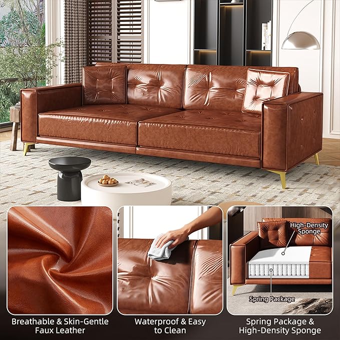 92.1'' King Pull Out Sofa Bed Convertible Futon Couch 3-in-1 Faux Leather Sleeper Sofa with Tufted Back 2 Pillows Gold Legs Deep Folding Loveseat for Living Room Apartment Light Brown