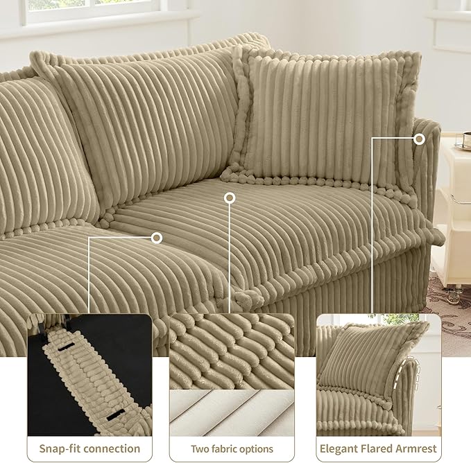 120 Slipcovered Modular Cloud Sectional Sofa Deep Seat Corduroy U Shaped Couch with Removable Covers 3-Seater Sofa for Living Room (Light Camel) | Slipcovered