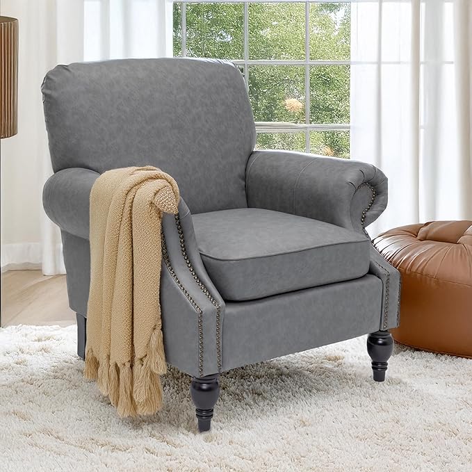 Accent Chair22.4 Seat Depth Armchair with Roll Arms36.6W*34.3D*34.6H Living Room ChairWood LegsSet of 2Faux Leather in Gray