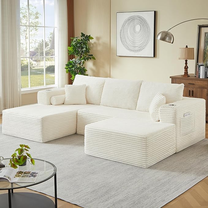 Kiztir 107 Boneless Couches for Living Room Corduroy Cloud Couch with Cup Holder and Pillows Convertible Deep Seat Sectional Sofa with Ottoman No Assembly Required (Beige) | Free Combination Wide