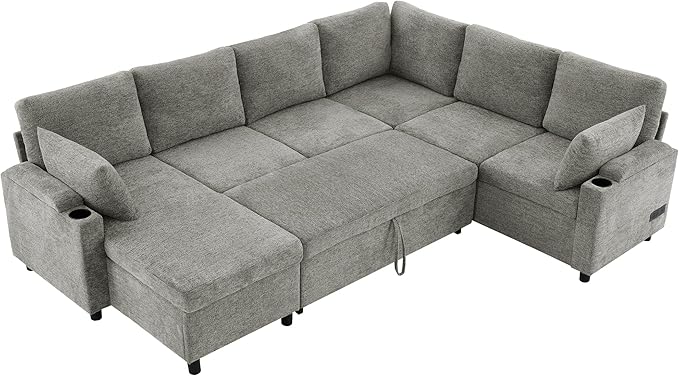 Sleeper Sofa with Pull Out Bed Oversized U Shaped 7 Seat Modular Sectional Couches for Living Room Sofa Bed with Storage Chaise Lounge USB Ports Cup Holders Chenille Cloud CouchLight Grey